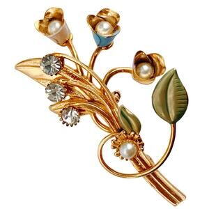 VTG 40s Enamel Rhinestone Faux Pearl Tulip Flower Brooch Gold Tone Pin Delicate